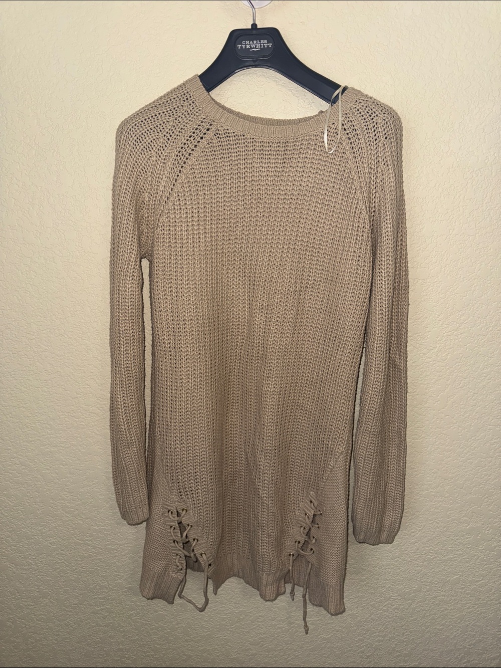 F&F Beige Lace-Up Hem Chunky Knit Tunic Sweater Size US 8